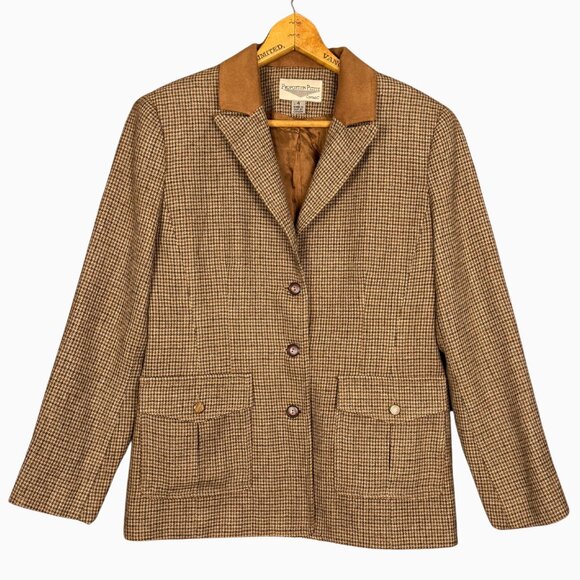 Vintage Equestrian Blazer Old Money Houndstooth Wool Jacket Fall Preppy Brown - Picture 1 of 7